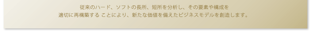 従来のハード、ソフトの長所、短所を分析し、その要素や構成を適切に再構築する ことにより、新たな価値を備えたビジネスモデルを創造します。