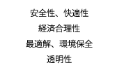 安全性、快適性、経済合理性、最適解、環境保全、透明性