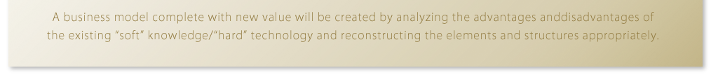 A business model complete with new value will be created by analyzing the advantages and disadvantages of the existing “soft” knowledge/“hard” technology and reconstructing the elements and structures appropriately.