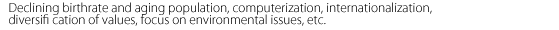 Declining birthrate and aging population, computerization, internationalization, diversifi cation of values, focus on environmental issues, etc.